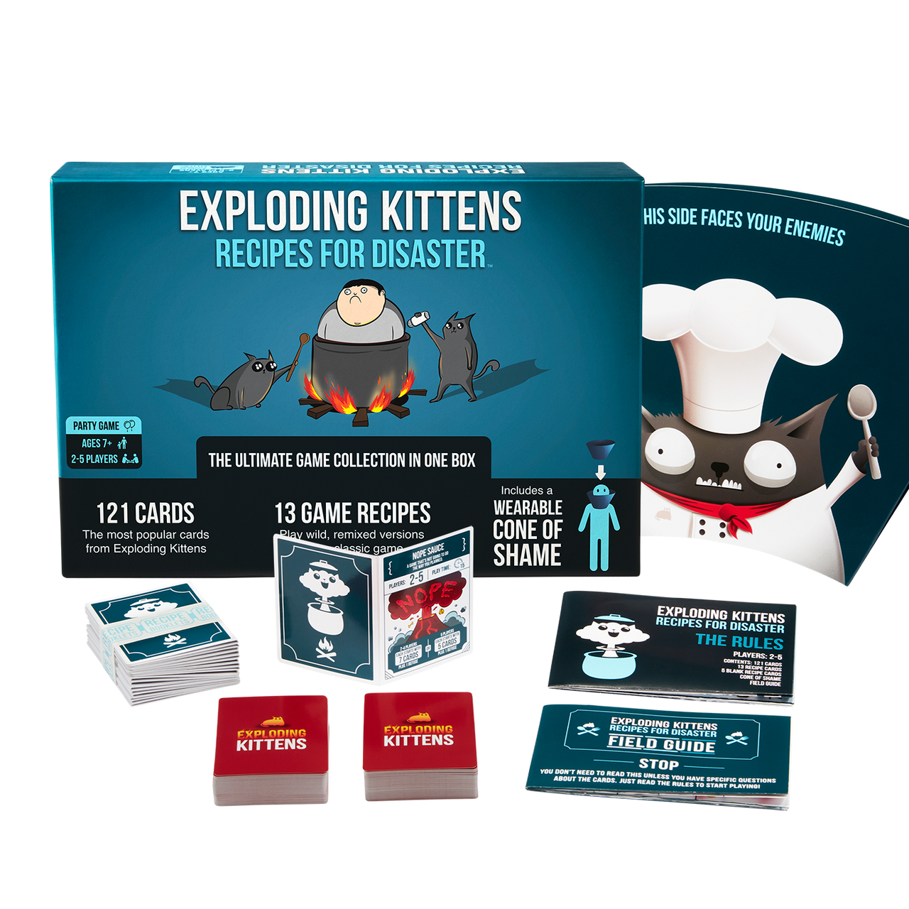 Exploding Kittens: Recipes for Disaster – box with cone of shame and components