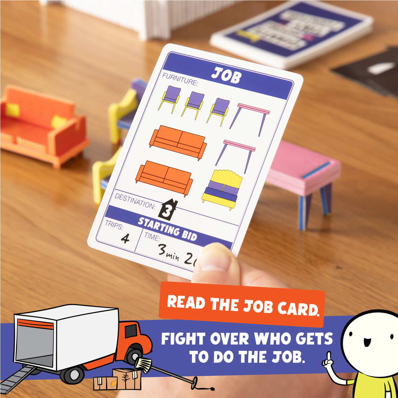 Giants Moving Tiny Furniture – job card with tiny furniture