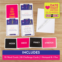 Why Are You Like This? Date Night Edition – contents (word cards, challenge cards, notepad and pen)