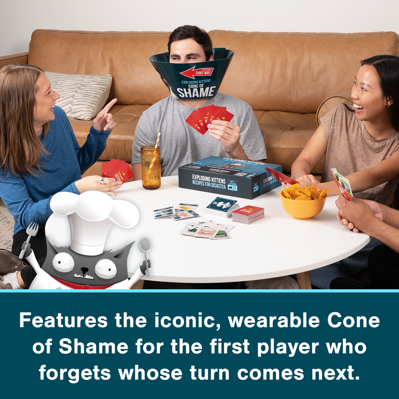 Exploding Kittens: Recipes for Disaster – family playing with the cone of shame