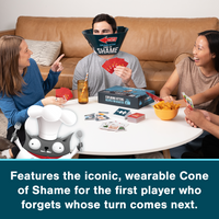 Exploding Kittens: Recipes for Disaster – family playing with the cone of shame