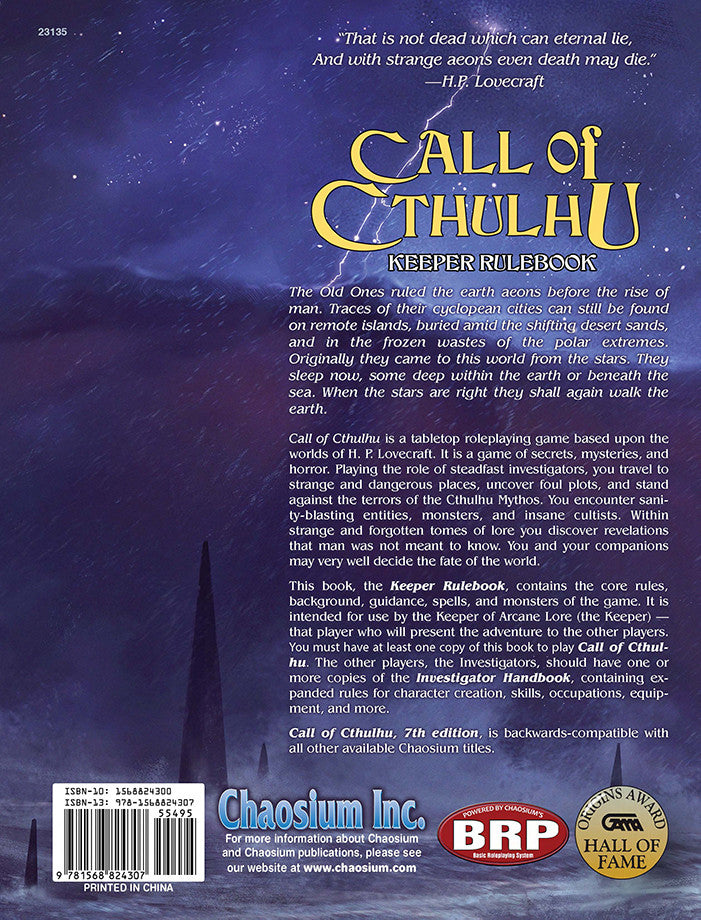 Call of Cthulhu Keeper Rulebook – back cover
