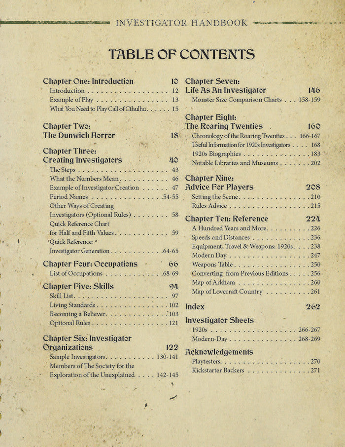 Call of Cthulhu Investigator Handbook – table of contents