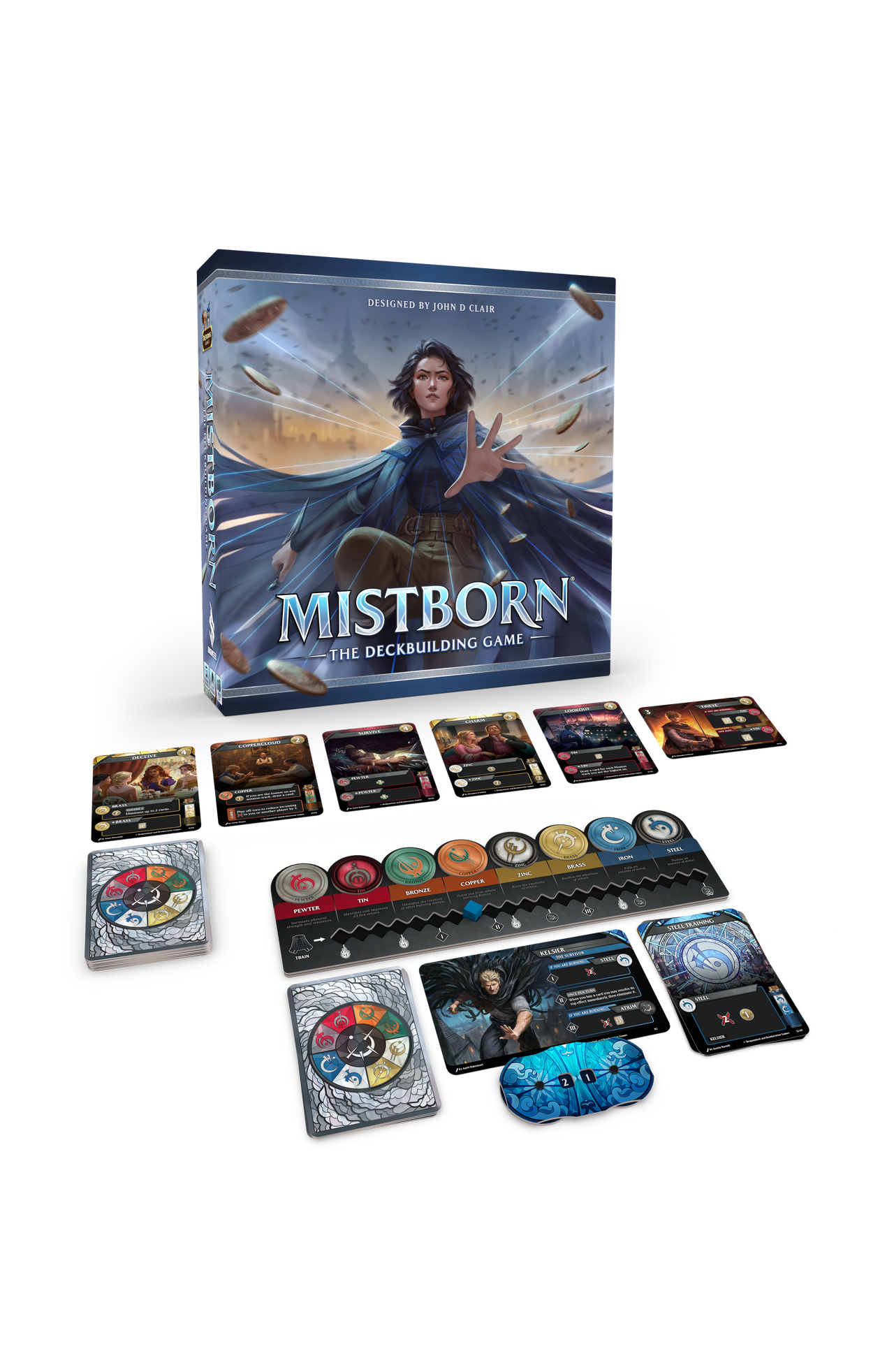 Mistborn: The Deckbuilding Game – box and single player view with card market