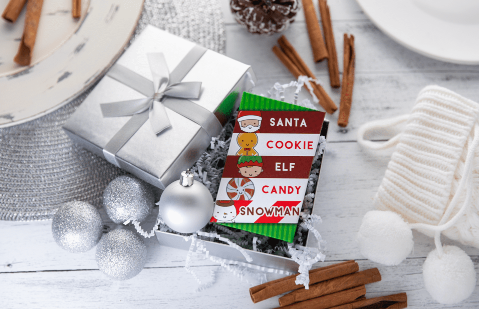 Santa Cookie Elf Candy Snowman – box and cards laydown