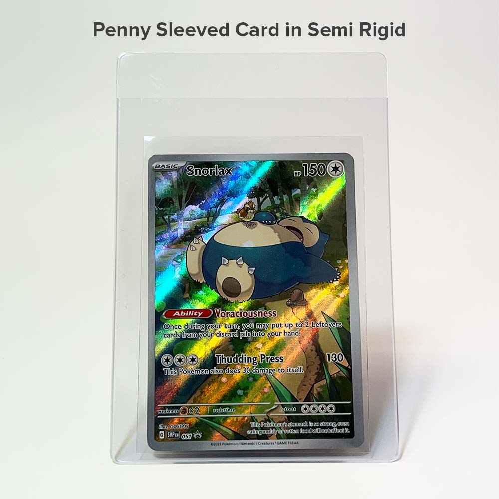 Penny-sleeved trading card inside a semi-rigid card saver (card saver and card not included)