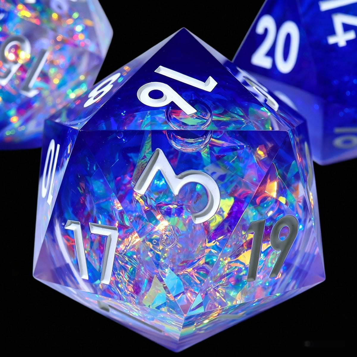 50 mm blue and violet liquid core resin d20 with holographic shards and white numbers