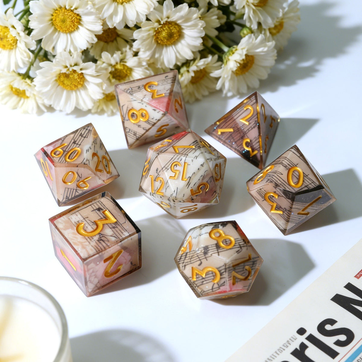 Dusty rose resin dice set with sheet music, red roses and gold numbers