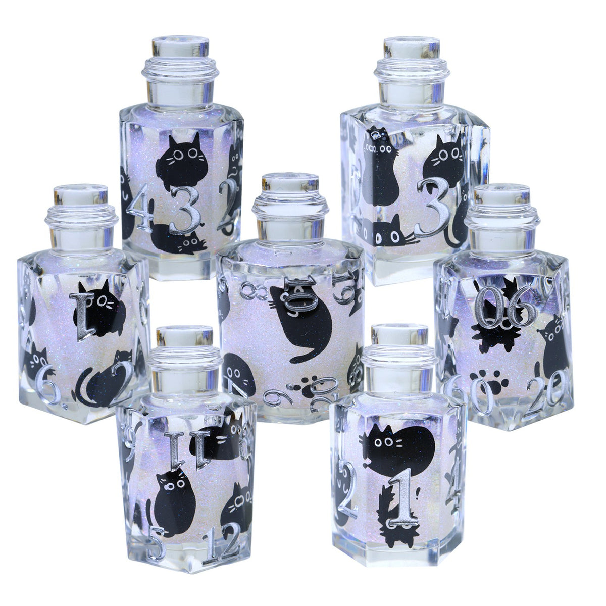 Clear potion bottle dice set with black cats, lilac shimmer and silver numbers