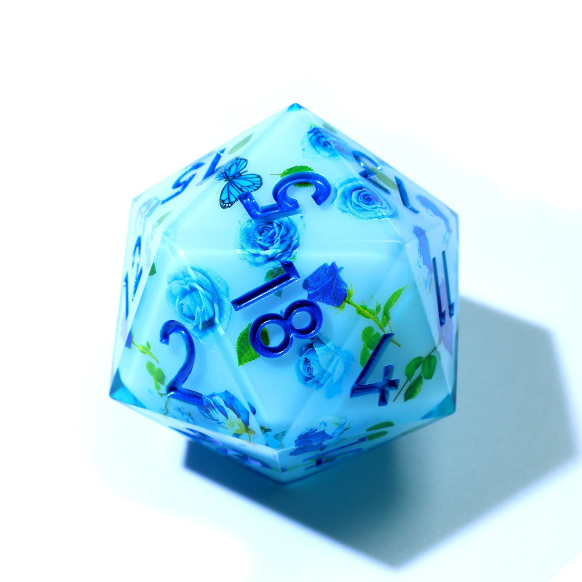 33 mm milky aqua resin d20 with blue roses, butterflies and blue numbers
