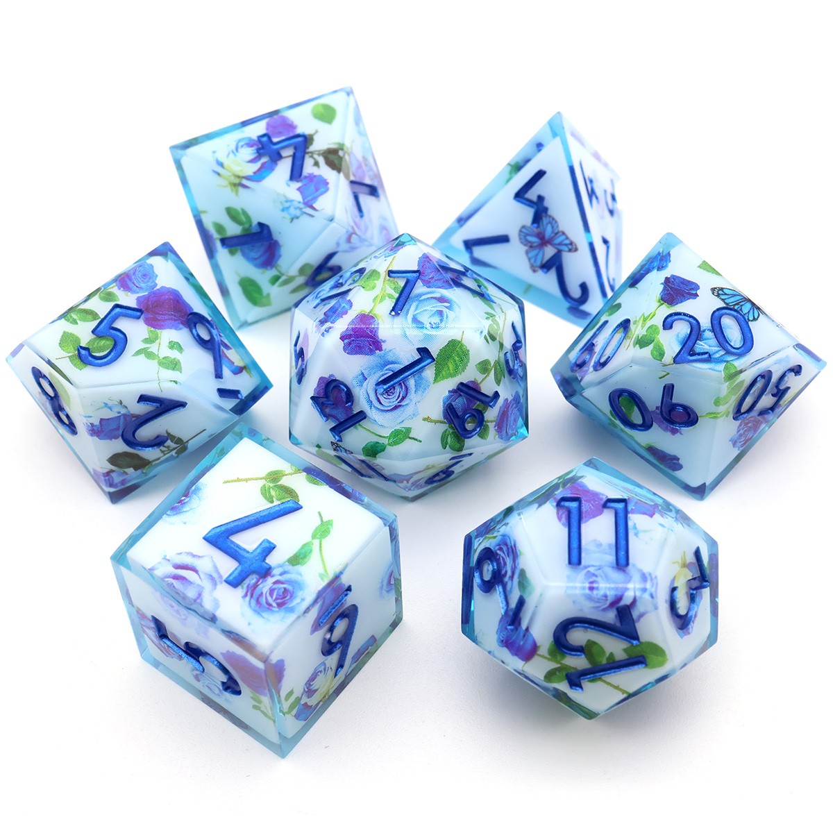 Milky white resin dice set with blue roses and blue numbers