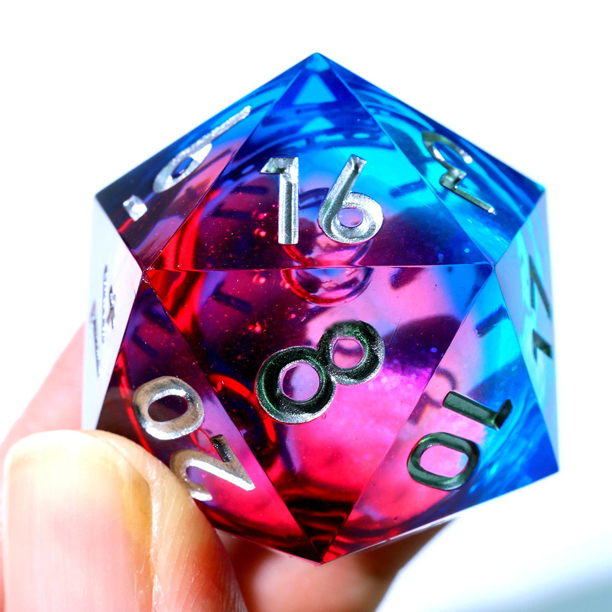 33 mm blue and red liquid core resin d20 with silver numbers