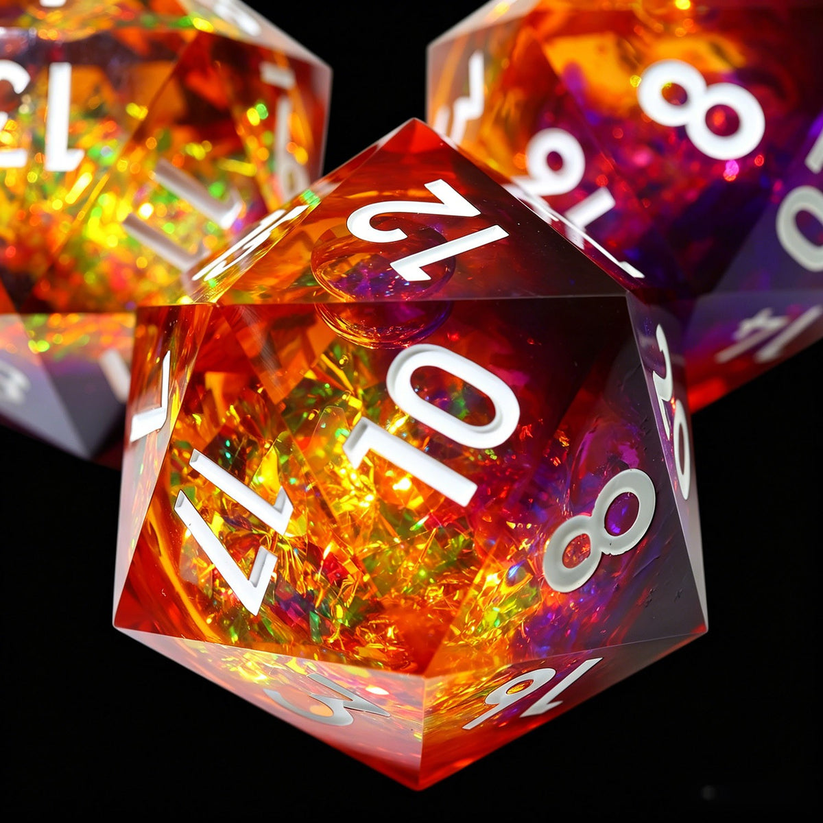50 mm orange and purple liquid core resin d20 with holographic shards and white numbers