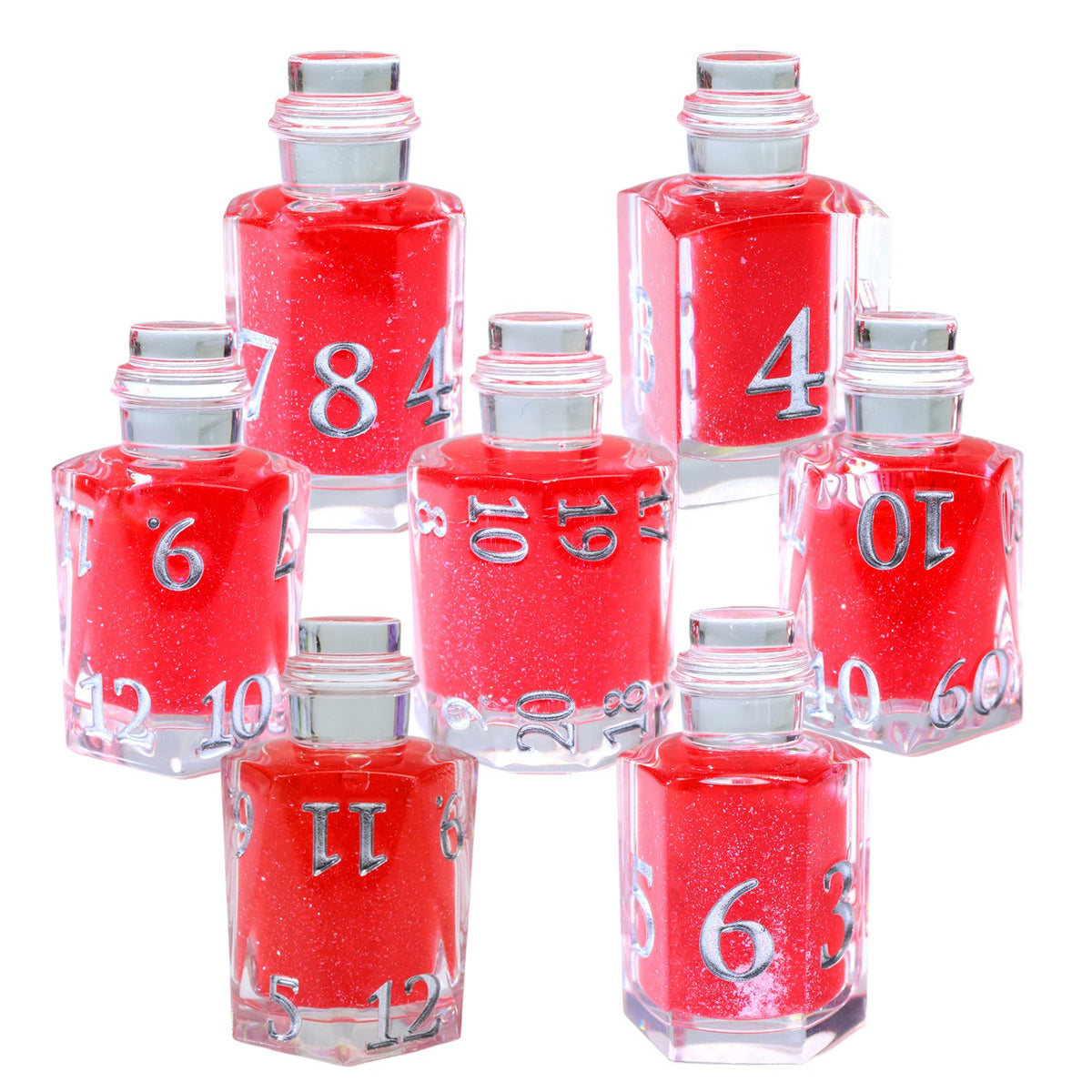 Clear potion bottle dice set with red potion and silver numbers
