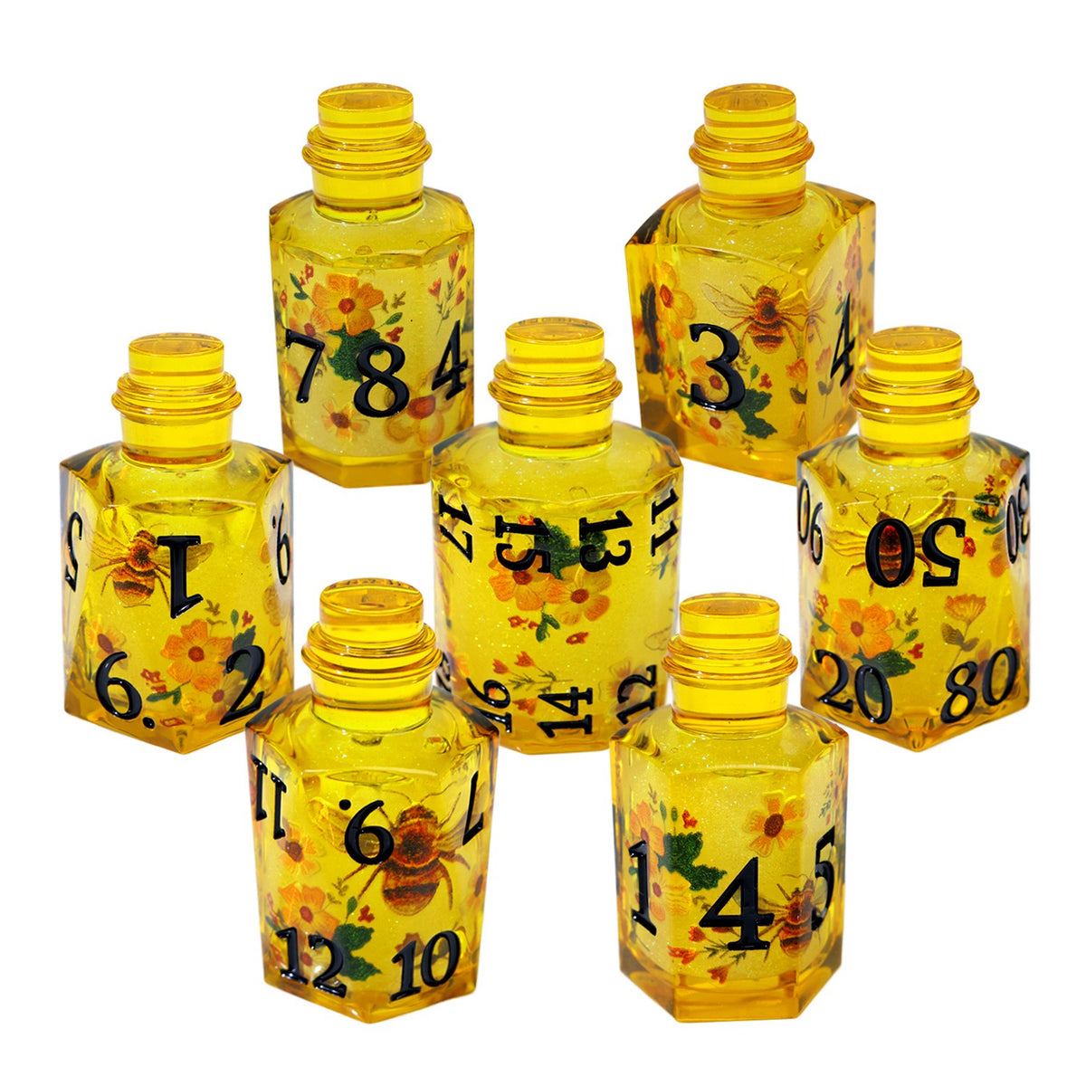 Amber potion bottle dice set with bees, yellow flowers and black numbers
