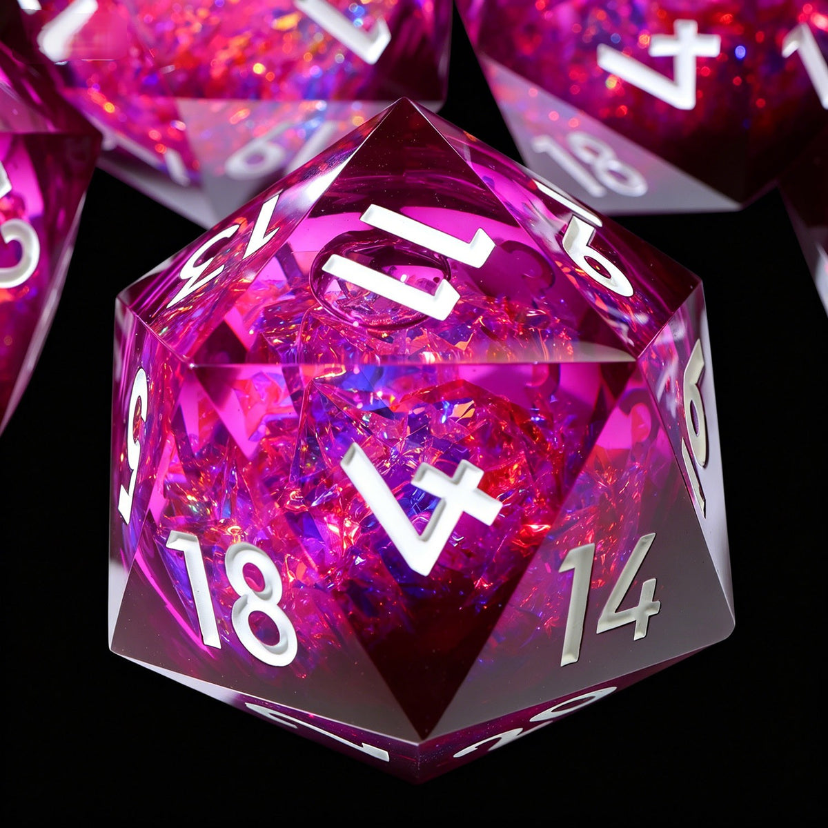 50 mm magenta liquid core resin d20 with holographic shards and white numbers