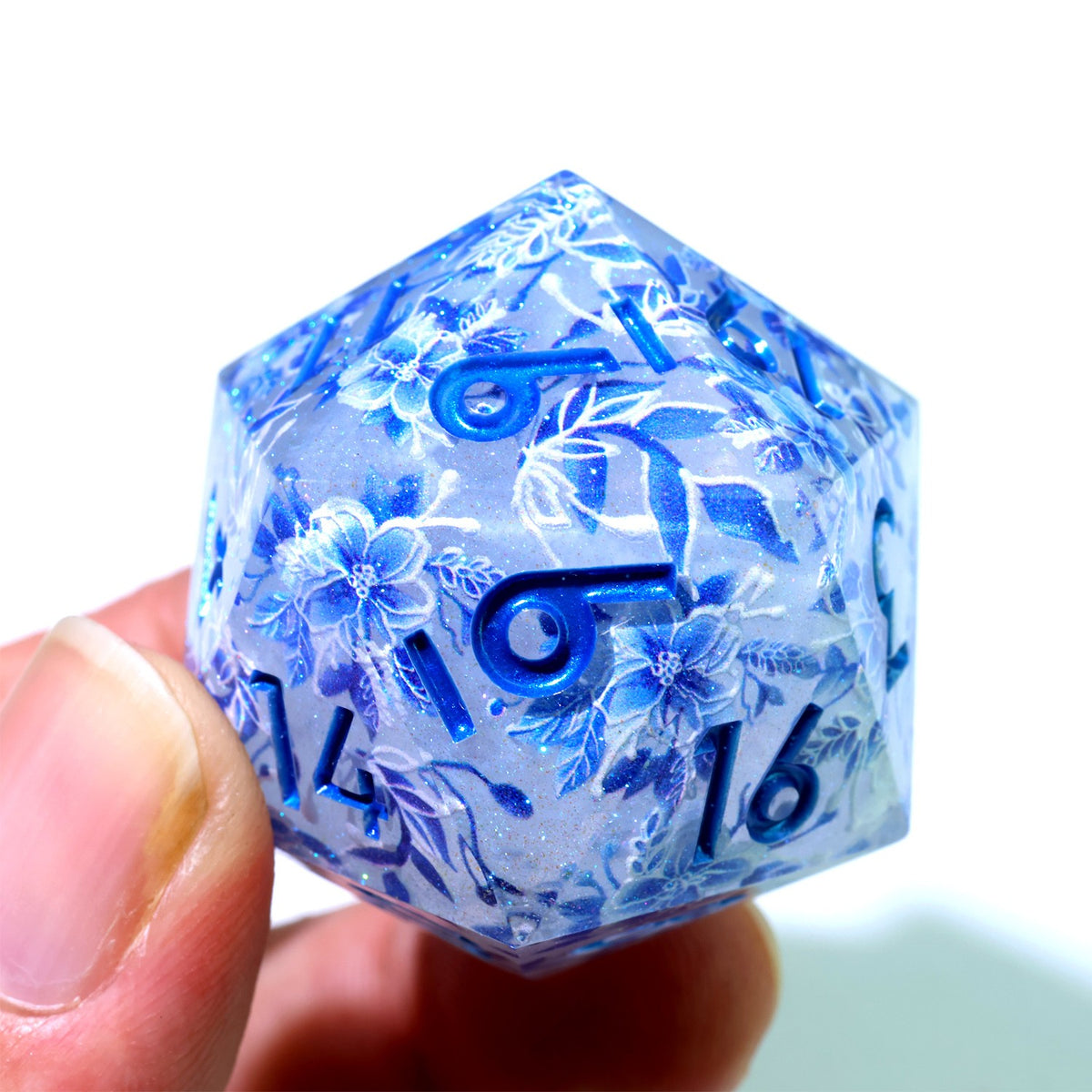 33 mm white resin d20 with blue porcelain flowers and blue numbers