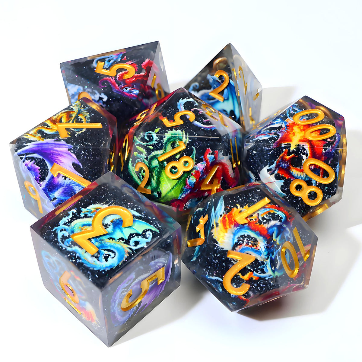 Starry black resin dice set with rainbow dragons and gold numbers