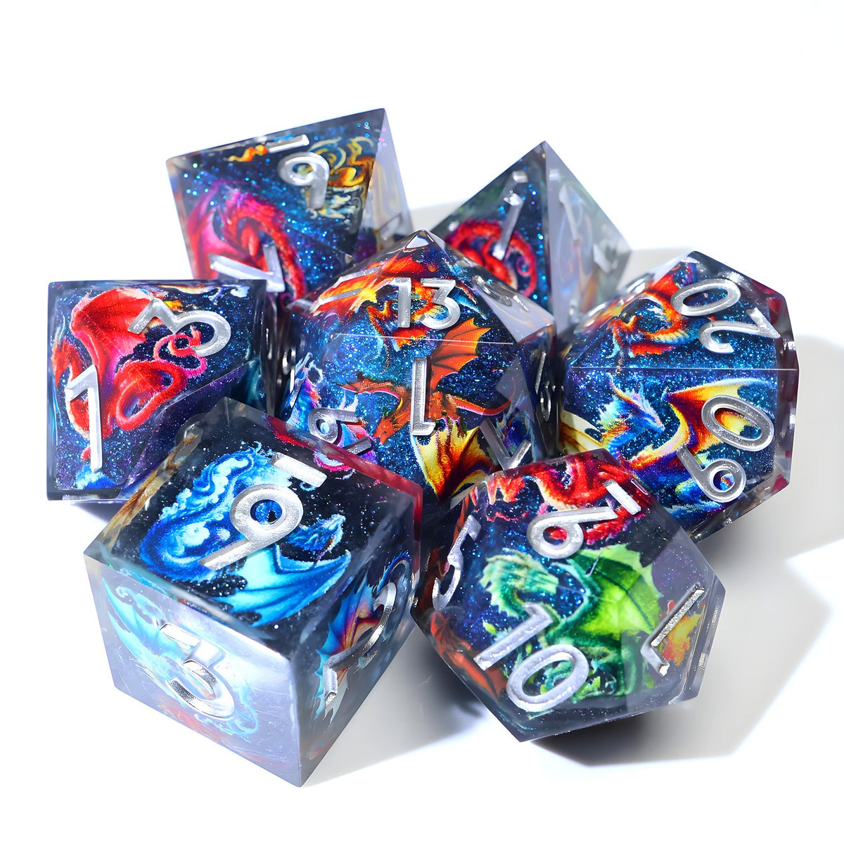 Navy glitter resin dice set with colourful dragons and silver numbers