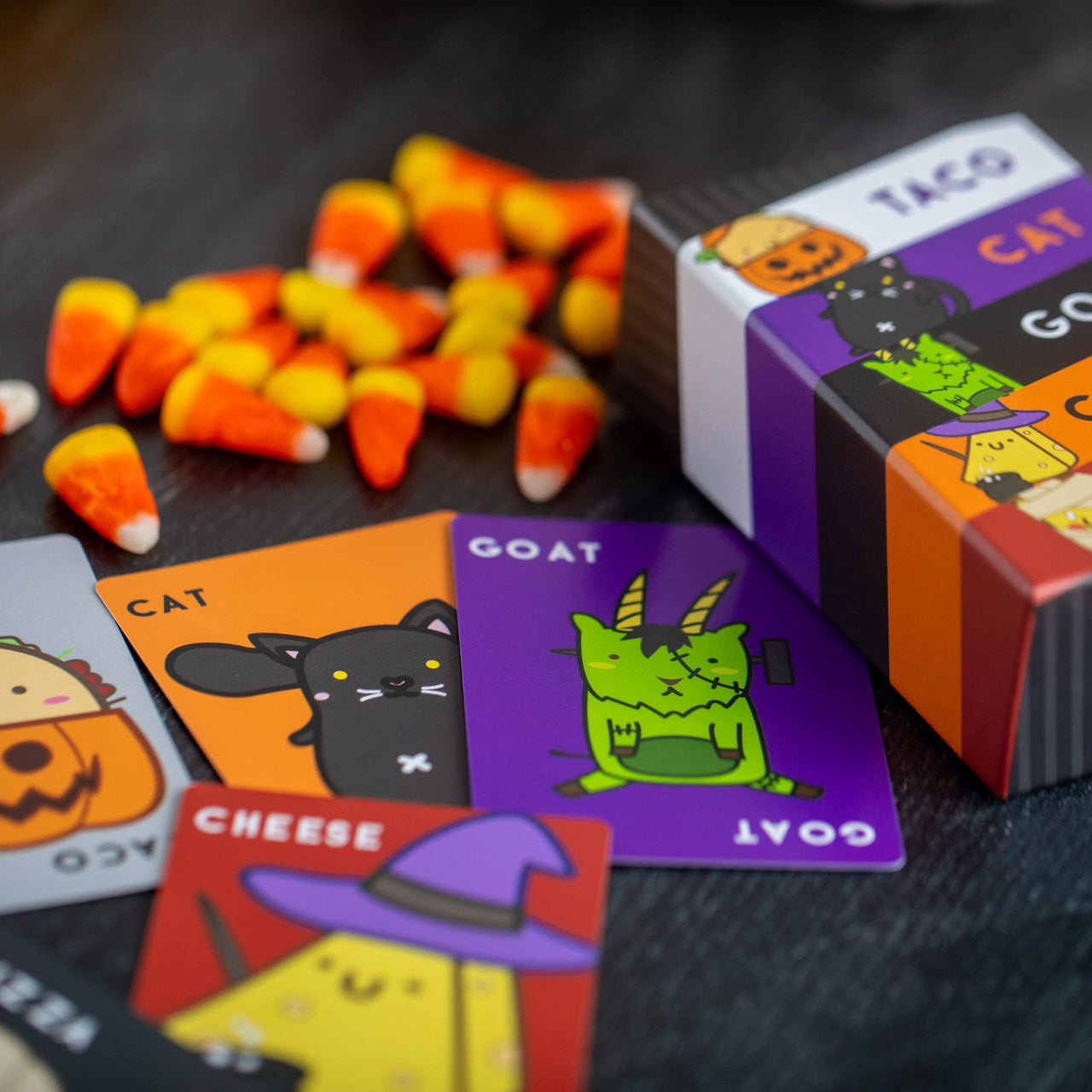 Taco Cat Goat Cheese Pizza Halloween Edition – retail cards candy corn