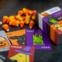 Taco Cat Goat Cheese Pizza Halloween Edition – retail cards candy corn