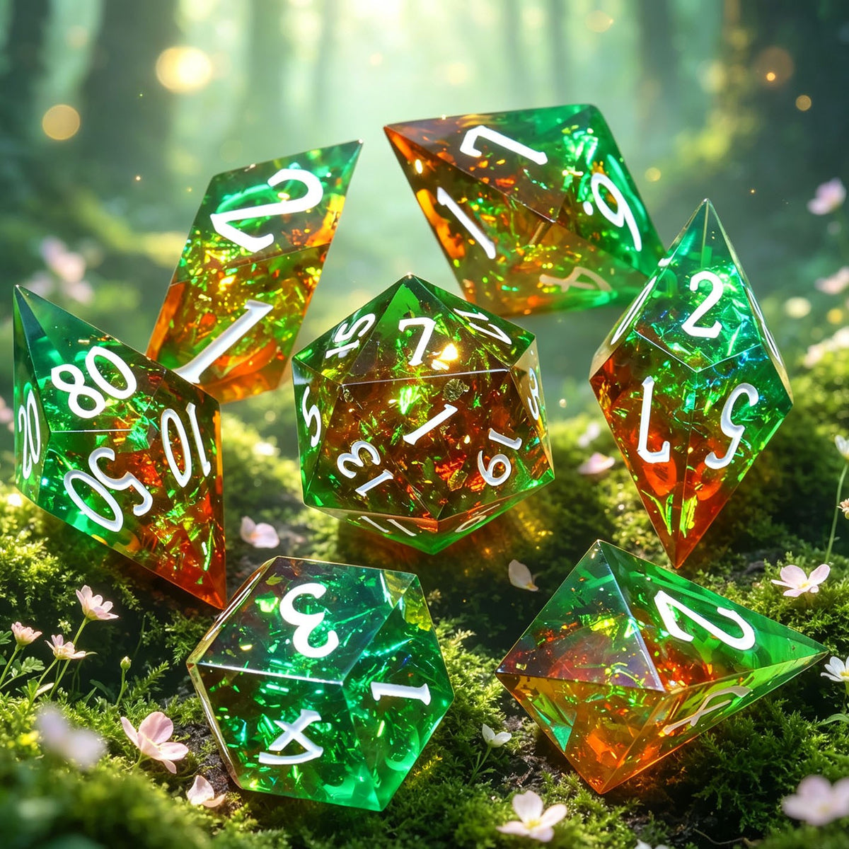 Green and orange crystal-shaped resin dice set with white numbers